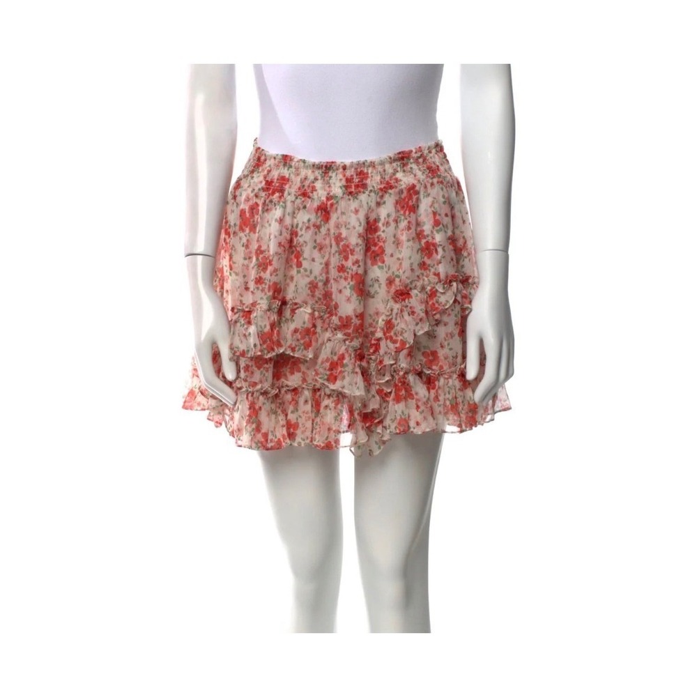 MISA Los Angeles Marion Skirt Women M Red Floral Smocked Tiered Ruffle Mini